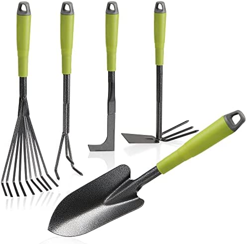 com-four® L'ensemble des Outils en 5 pièces pour Le Jardin en Vert-Serfouette à Fleurs, Balai à Gazon, Couteau désherbeur, Petite Pelle, râteau à Main (005 pièces - Vert) Avis, Fiche Technique et Prix au Maroc