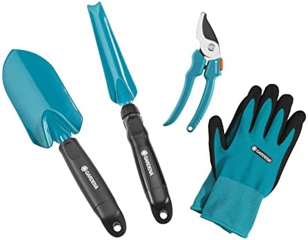 Kit jardinage de Gardena : kit pour jardinage 4 pièces pour l’entretien du jardin, cisailles universelles, transplantoir robuste, couteau désherbeur, paire de gants de jardinage 8/M (8965-30) Avis, Fiche Technique et Prix au Maroc
