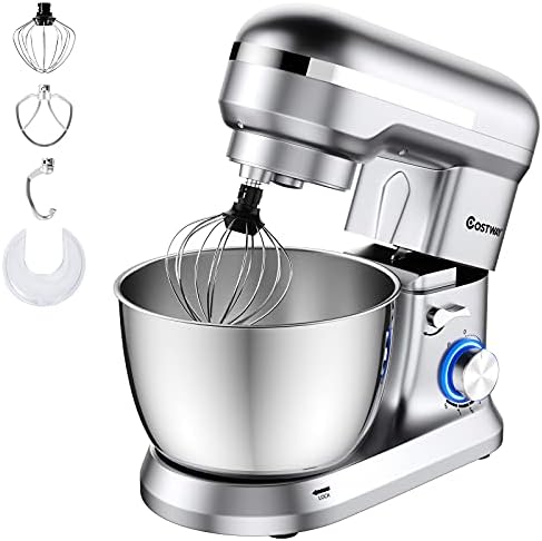 COSTWAY Robot Pâtissier 1300W avec Bol d'Acier Inox 4,5L, Vitesse Réglable à 8 Niveaux avec Tête Inclinable Bouton LED Inclus Batteur, Crochet à Pâte et Fouet (Argent) Avis, Fiche Technique et Prix au Maroc