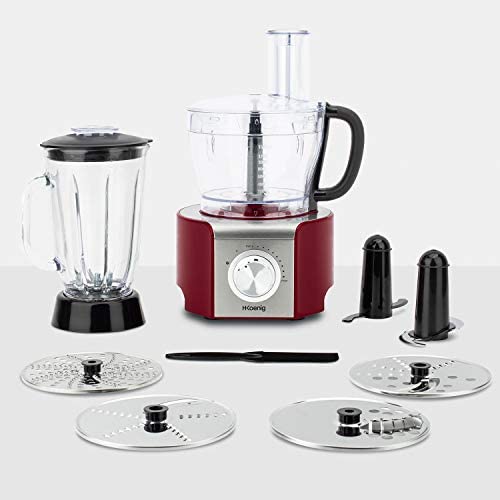 H.Koenig MX18 Robot de cuisine Multifonctions Rouge Professionnel Compact, Bol mixeur 1.5L, Blender en verre gradué 1.5L, 4 disques en acier+lame+spatule, 8 Fonctions, Puissant 800W Avis, Fiche Technique et Prix au Maroc