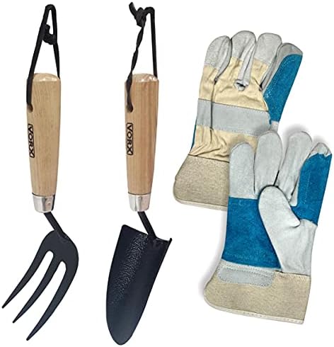 VORX Fourche à main en acier au carbone avec poignée en bois et gants en cuir, idéale pour creuser, outils de jardin pour usage domestique et professionnel, cadeau de jardinage pour tous les âges Avis, Fiche Technique et Prix au Maroc