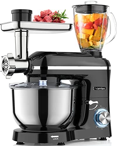 Homlee Robot Ménager Universel 3 en 1,1800W Robot Pâtissier Multifonctions avec Hachoir à viande,1,5L Extracteur de jus,Kit pour Saucisses,Mixeur Verre,3 Plaques de Broyage,Bol d'Acier Inoxydable5.5L Avis, Fiche Technique et Prix au Maroc