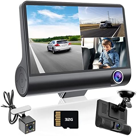 Hikity Camera Dash Voiture 3 Caméra de Voiture Angle de Vision de 170 °, G-capteur 4'' à Trois Voies Caméra de Tableau de Bord pour Voiture avec Double Objectif Arrière Car DVR+ 32GB TF Fiche Technique et Prix au Maroc