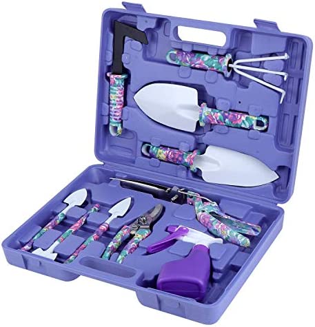 Coolty Outils de Jardinage avec 10 Pièces avec Ciseaux,Pelles,Râteaux et Pulvérisateur Poignée Ergonomique Antidérapante et Antirouille - Boîte de Rangement (Violet) Avis, Fiche Technique et Prix au Maroc