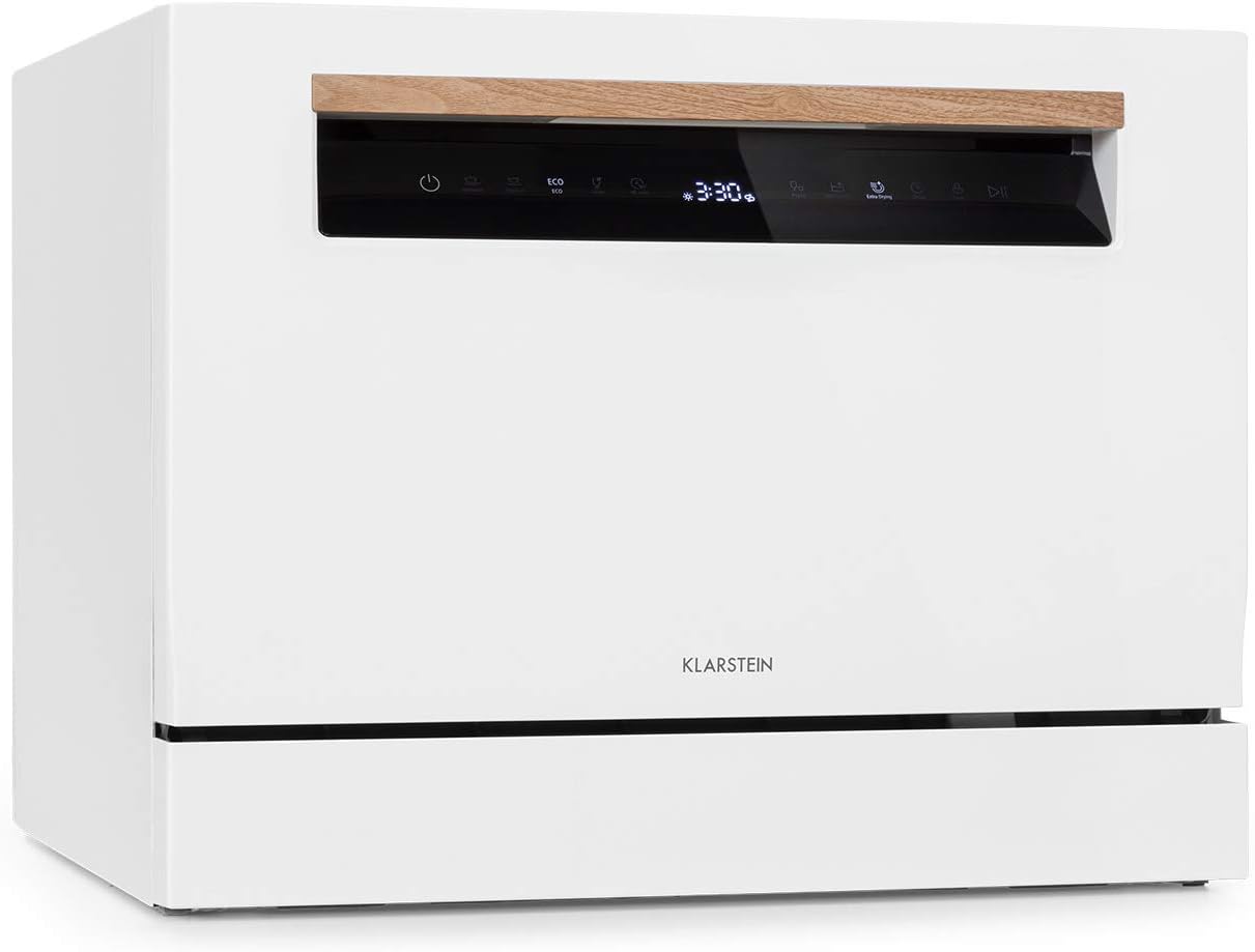 Klarstein Lagoona Mini lave-vaisselle autonome : CEE A+, 1380W, 6 couverts, consommation d'eau: 6,5L, 7 programmes plus séchage supplémentaire, 49 dB, panneau de commande tactile noir, blanc Avis, Fiche Technique et Prix au Maroc