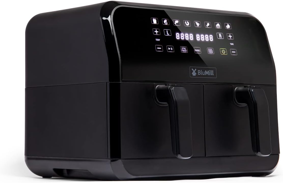 BluMill Double AirFryer Friteuse à air chaud 1700 W avec double chambre - Capacité totale : 8 litres - 8 programmes - Températures séparées pour 2 compartiment Avis, Fiche Technique et Prix au Maroc