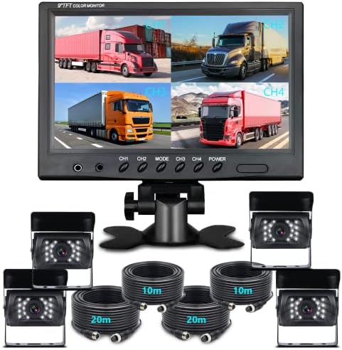 Caméra de Recul Véhicule, Caméra de Voiture 9 Pouces Moniteur 4 Split Front View, Camera de Recul Filaire pour Camping Car Camion 18 IR étanche Vision Nocturne pour Trucks Bus RV Caravan 2×10m 2×20m Fiche Technique et Prix au Maroc