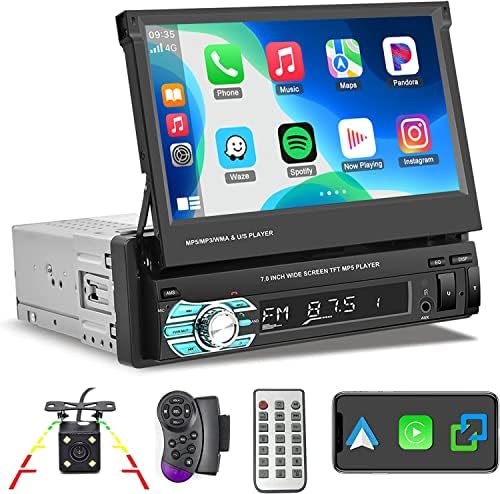 Hikity Autoradio 1 Din Carplay avec 7‘’ Flip Out Écran Tactile Autoradio Bluetooth Main Libres Poste Radio Voiture FM USB AUX SD + Caméra de Vision Arrière/Commande au Volant/Lien Miroir/Android Auto Fiche Technique et Prix au Maroc