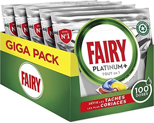 Fairy Platinum Plus Tout-en-1 Pastilles Lave-Vaisselle, 100 Tablettes (5 x 20) Citron, Défie les taches les plus Coriaces Avis, Fiche Technique et Prix au Maroc