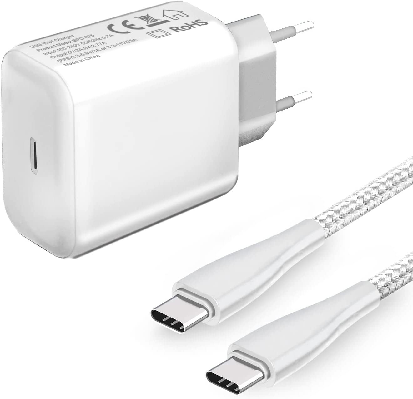 Chargeur Rapide 25W et Cable USB C vers USB C pour Samsung Galaxy S22/S22 Plus/S22 Ultra/S20/S20 FE 5G/S20 Ultra,A53 A52 A52S A34,PD3.0 Type C Prise Secteur/Mural Adaptateur pour iPhone 12 13 Pro Max Fiche Technique et Prix au Maroc