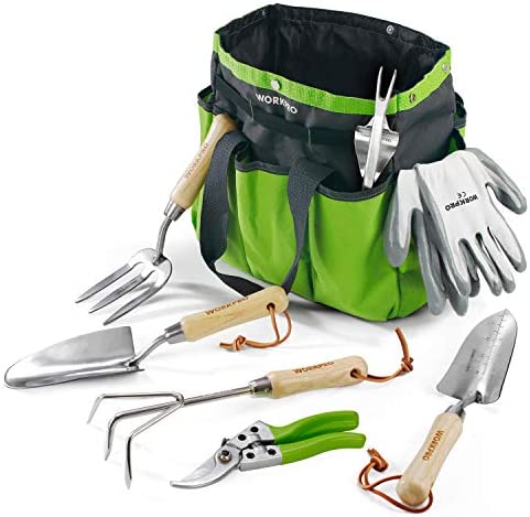 WORKPRO Outils de Jardinage, 8 Pièces, Ensemble de Jardinage en Acier Inoxydable Lourd avec Poignée de Bois, Sécateur, Gants, Sarcloir, Griffe, Fourche, Pelle à Terreau, Transplantoire pour Jardinier Avis, Fiche Technique et Prix au Maroc