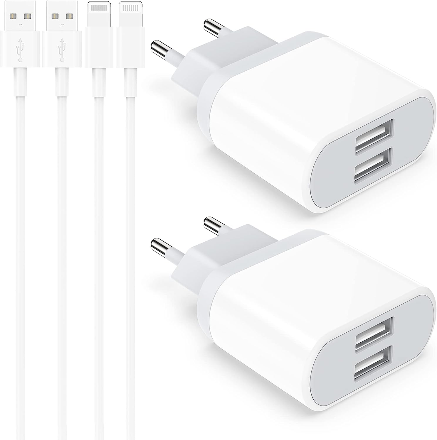 Chargeur iPhone, 4-Pack Cable 2M avec Prise USB pour iPhone XR X XS 8 7 6 6S Plus 11 12 13 14 Pro Max Mini SE 5S 5 5C, iPad, AirPods, 5V 2.1A Double Adaptateur USB Secteur Mural Alimentation Charger Fiche Technique et Prix au Maroc