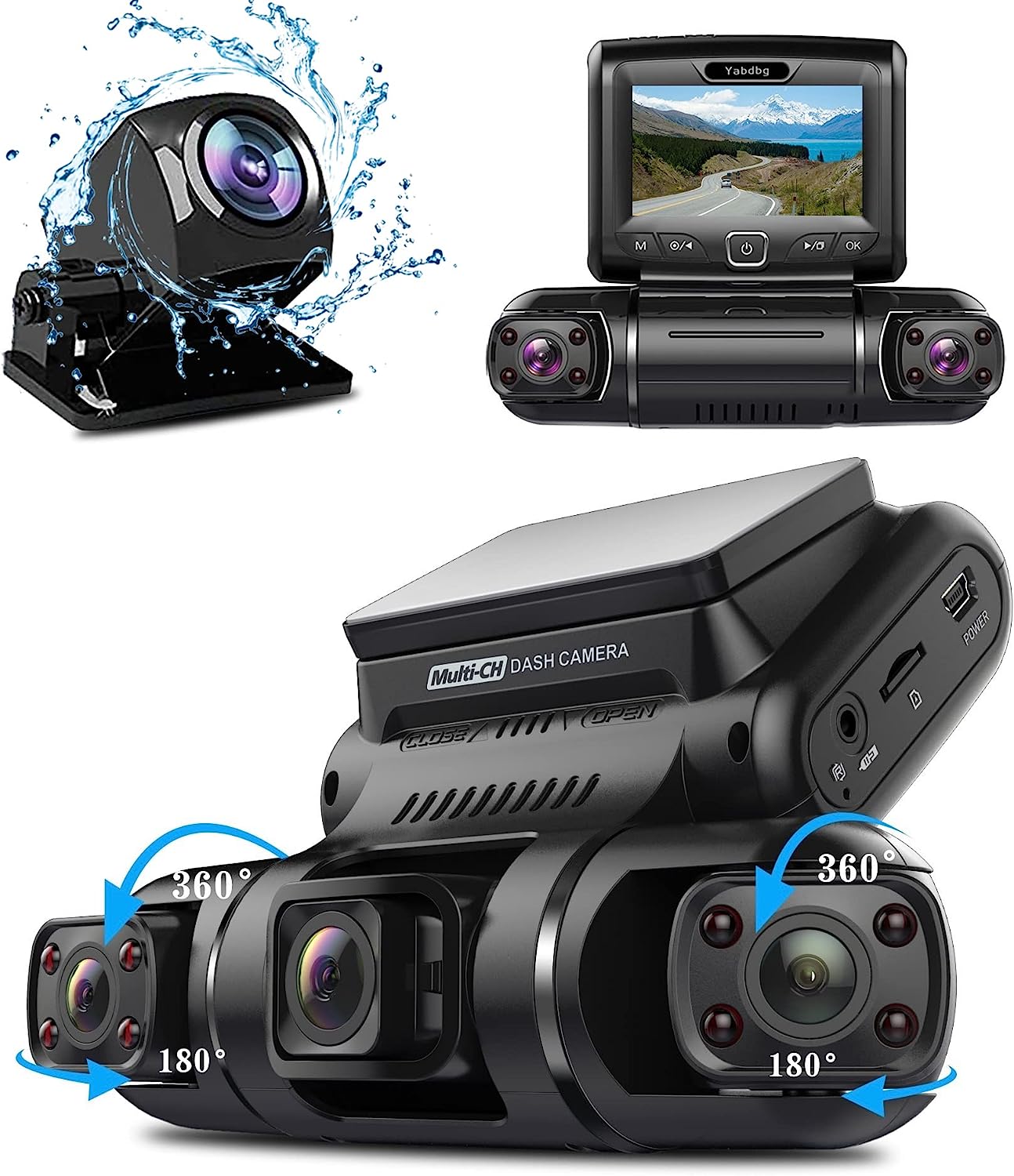 Yabdbg Dashcam Quad 4x1080P Avant, Gauche, Droite et Arrière Caméra Embarquée Voiture, GPS 24H Mode Parking, Vision Nocturne IR Dash Cam Voiture, 150 ° Angle WDR 3 Pouces TFT G-Senseur Max 256GB D70 Fiche Technique et Prix au Maroc