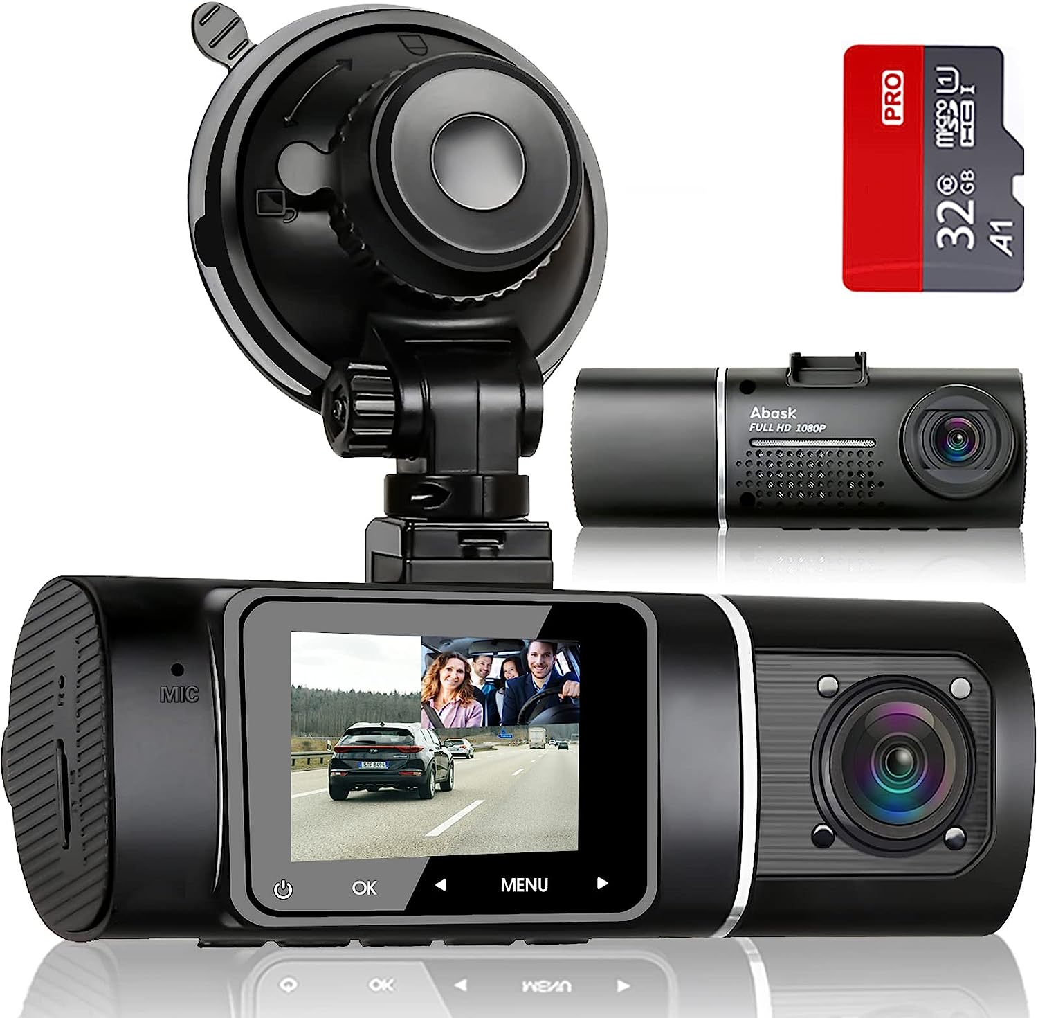Abask Caméra de Voiture avec 32G Carte SD, 310° Grand Angle Full HD Double 1080P Dash Cam, Capteur G, Enregistrement en Boucle, HDR, Détection de Mouvement Fiche Technique et Prix au Maroc