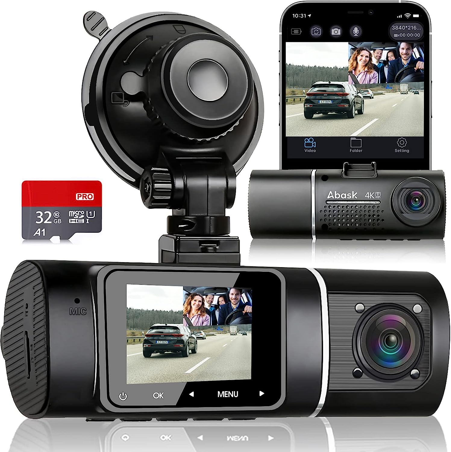 Abask Dashcam 4K WiFi Vision Nocturne IR, Caméra de Voiture avec 32G Carte SD, Grand Angle à 310°, Capteur G, Enregistrement en Boucle, Moniteur de Stationnement, WDR, 128 Go Maximum Fiche Technique et Prix au Maroc