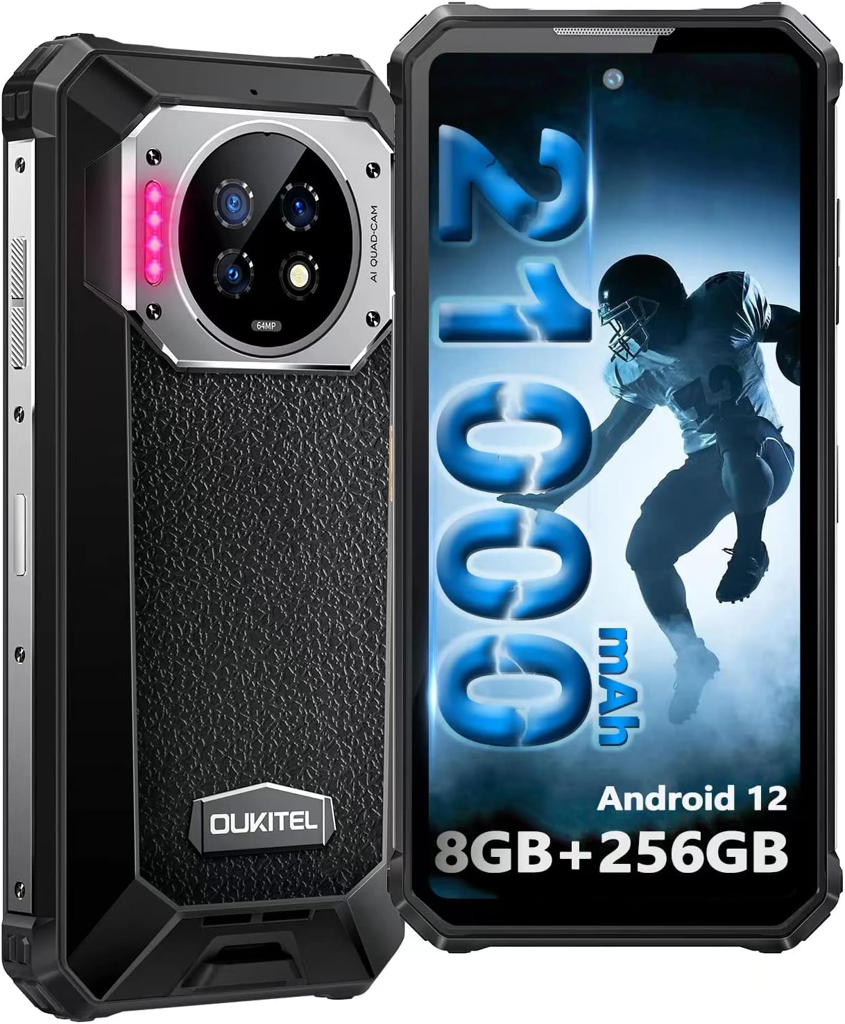 Batterie 21000mAh OUKITEL WP19 Smartphone Robuste 2022 8Go + 256Go Android 12 Téléphone Double SIM Incassable IP68 Etanche Antichoc 6.78' HD, Face ID, NFC, GPS, OTG, le noir Fiche Technique et Prix au Maroc