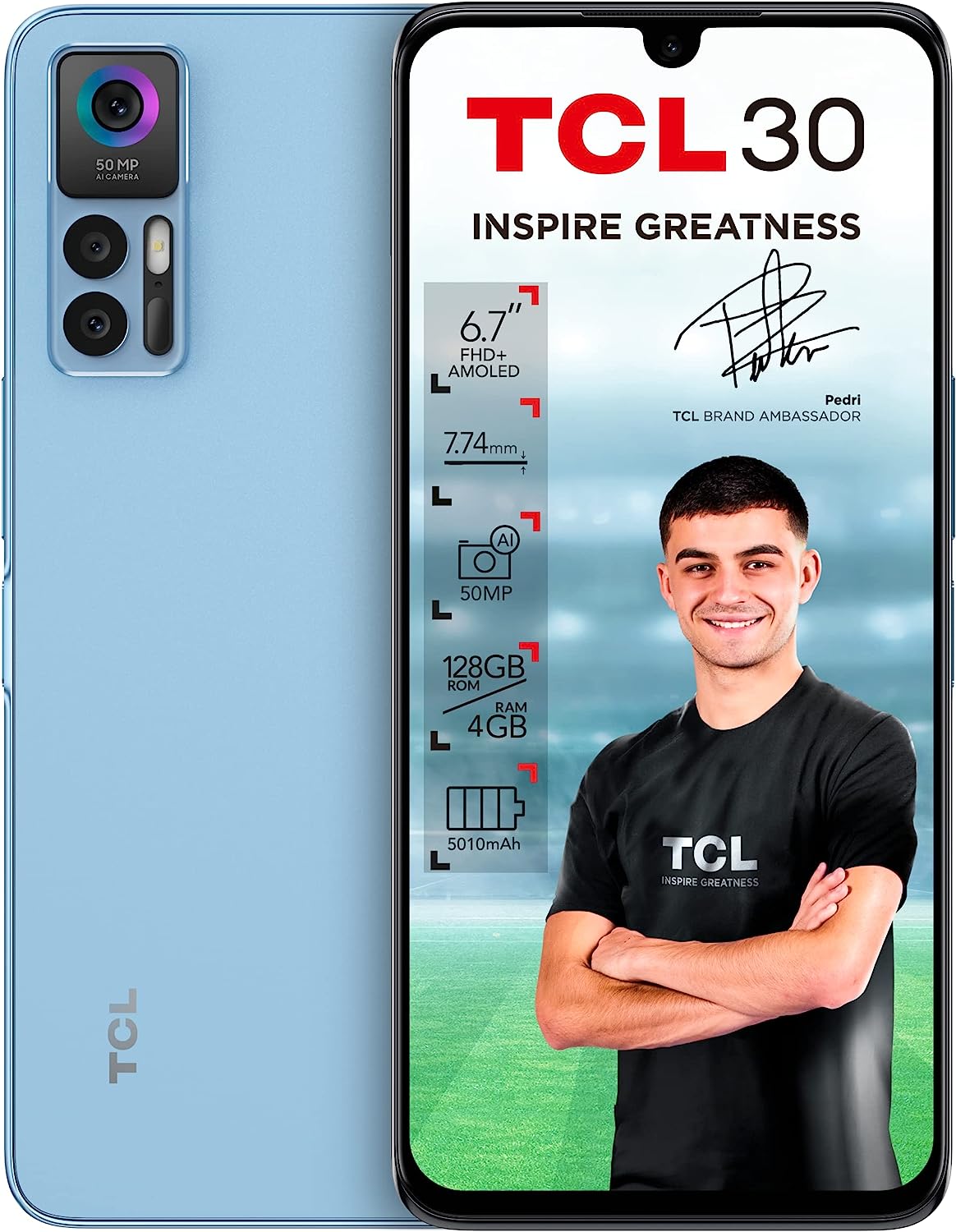 TCL 30 - Smartphone 64GB, 4GB RAM, Dual Sim, Muse Blue Fiche Technique et Prix au Maroc