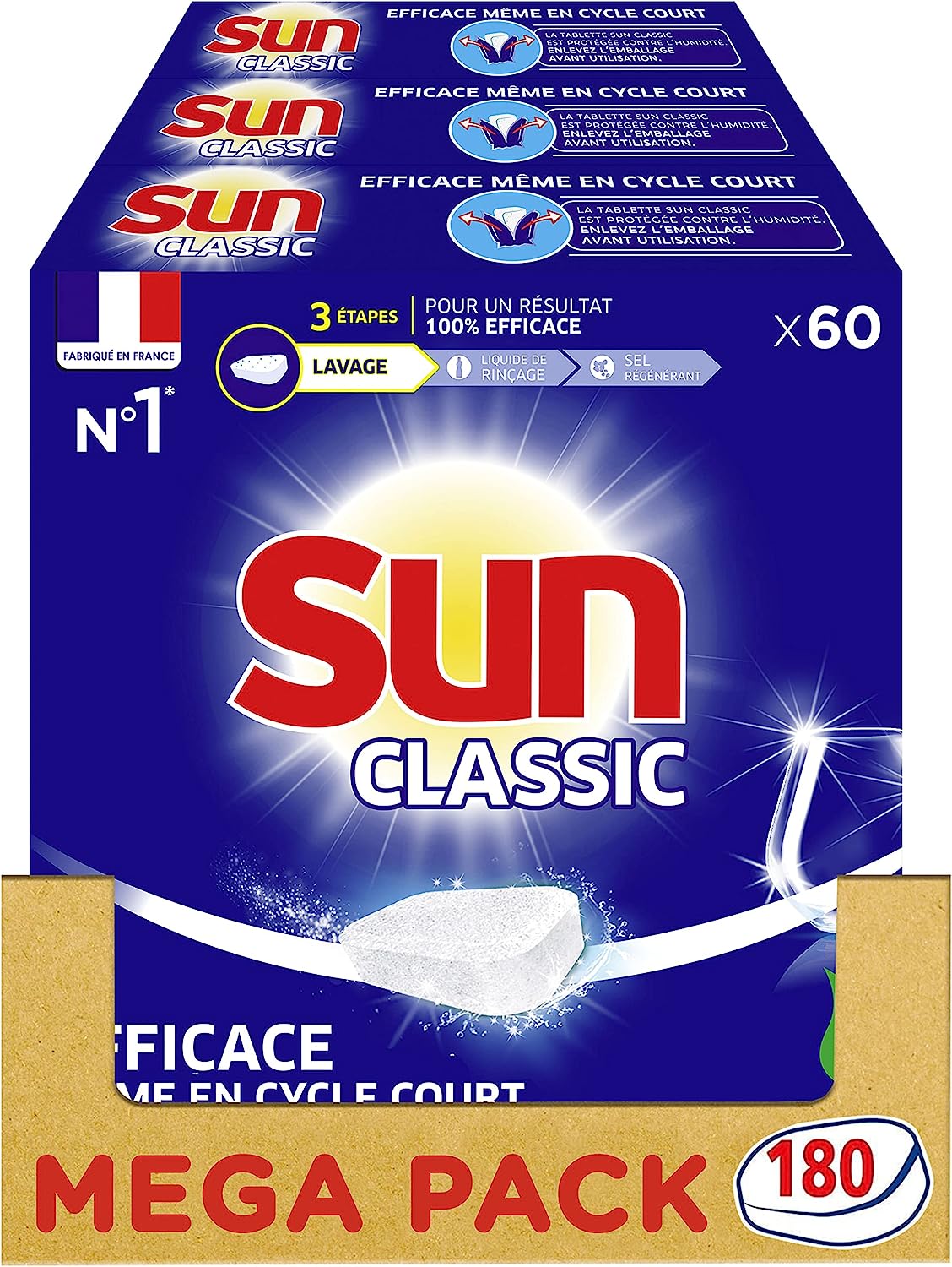 Sun Tablettes Lave-Vaisselle Classic, Fabriqué en France, Economie d'eau et d'électricité, 180 Lavages (Lot de 3x60 Lavages) Avis, Fiche Technique et Prix au Maroc