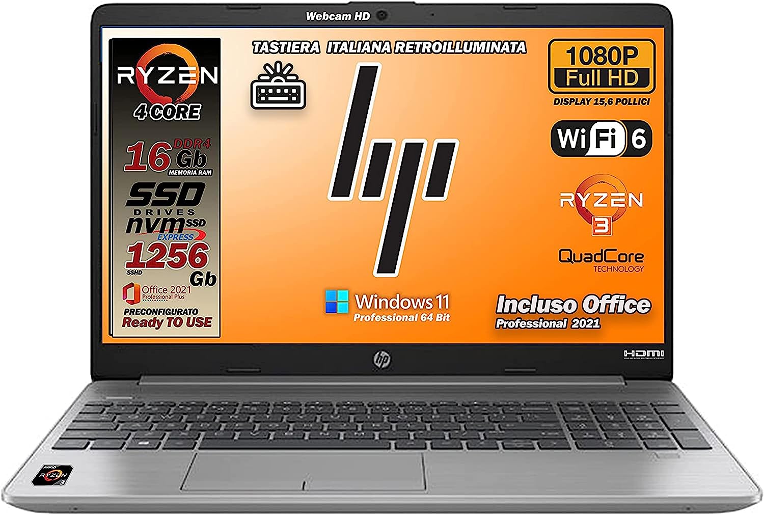 HP 255 G8 Notebook Silver, CPU Ryzen 3 jusqu'à 3,8 GHz, 4 cœurs, 16 Go Ram, SSHD 1256 Go, Full HD 15,6 pouces, Wi-fi 6, 3 usb, Bt, Lan, HD cam, Win 11 Pro, Office Pro 2021, Préconfiguré, Gar. Italie Fiche Technique et Prix au Maroc