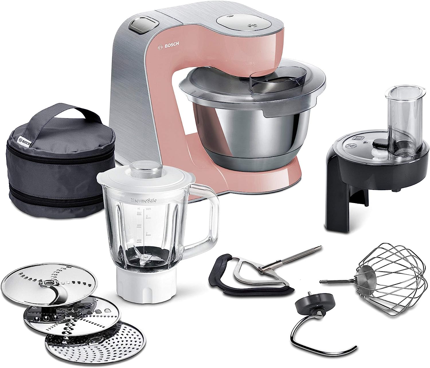 Bosch MUM5 CreationLine Premium MUM58NP60 Robot de cuisine polyvalent, grand bol en acier inoxydable (3,9 l), kit professionnel de pilerie, broyeur, mixeur en verre, 1000 W, rose/argenté Avis, Fiche Technique et Prix au Maroc