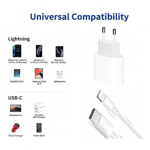 Chargeur USB C Adaptateur avec  Câble USB C vers Lightning Compatible avec iPhone SE 2020/12/12 Mini/12 Pro Max/11/11 Pro Max/Xs/XR/X et plus(Blanc)
 Fiche Technique et Prix au Maroc