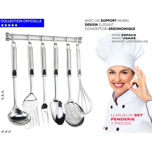 Elégant Set de Penderie INOX 7 Pièces Ustensile Batterie Cuisine + Support Mural
 Fiche Technique et Prix au Maroc