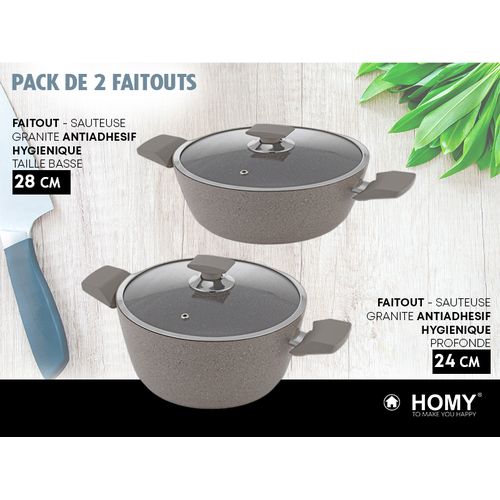 Homy PACK 2 FAITOUTS Marmite Sauteuse Batterie en Granit 24/28cm Haute/Basse + Couvercle en Verre Trempé
 Fiche Technique et Prix au Maroc