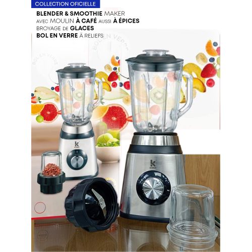 Kenz Blender Mixeur Verre A Reliefs + MoulineTTe A Épices Puissance Max Prix Pas Cher
 Fiche Technique et Prix au Maroc