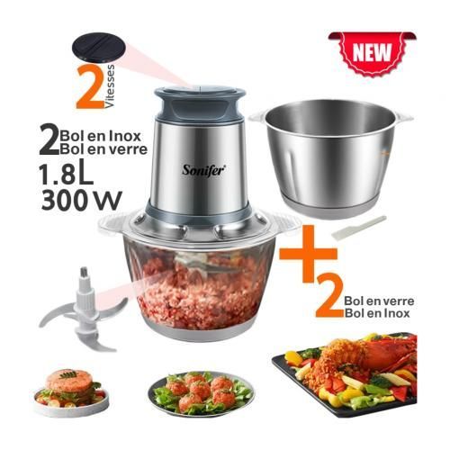 Sonifer Robot hachoir électrique 2 bol en verre + acier inoxydable 300 w
 Fiche Technique et Prix au Maroc