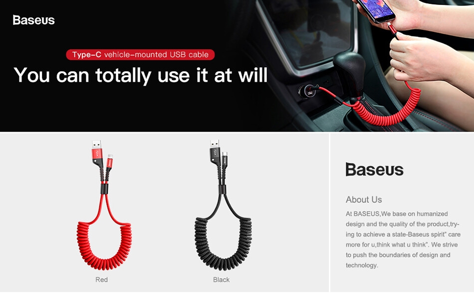 Achetez Baseus Fish-eye 1m Spring 2A Câble USB Élastique USB to Type-C  Synchronisation du Câble de Voiture Cordon de Chargement Pour Samsung  Huawei Xiaomi - le Noir de Chine - TVC-Mall.com