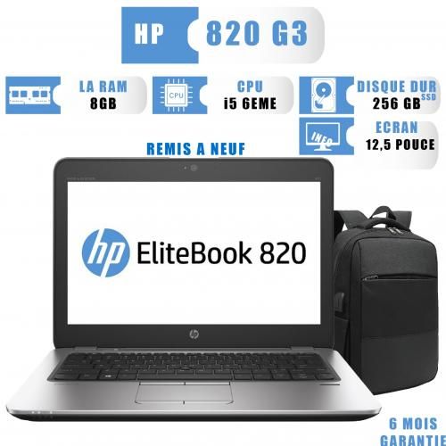Hp EliteBook 820 G3 i5-6th Génération 8Go Ram 256Go SSD Sac a Ados Gratuite (Remis à neuf)
 Fiche Technique et Prix au Maroc