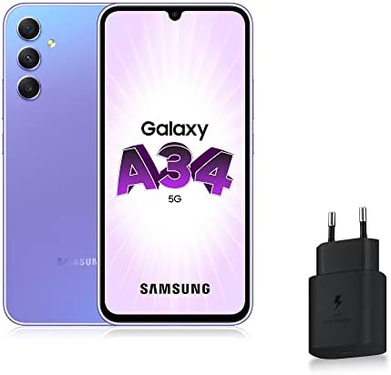 Samsung Galaxy A34 Smartphone Android 5G, 128 Go, Chargeur Secteur Rapide 25W Inclus [Exclusivité Amazon], Smartphone déverrouillé, Lavande, Version FR Fiche Technique et Prix au Maroc