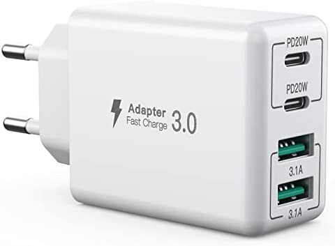 Chargeur USB C, 40 W 4 Ports USB C, Bloc de Charge Rapide Double Port PD+QC, Multiport Type C Chargeur Compatible avec iPhone 14/13/12/11/Pro Max/XS/XR/8/7/téléphone Samsung/Tablette Fiche Technique et Prix au Maroc