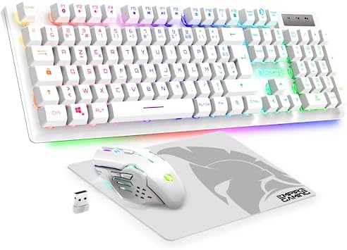 Empire Gaming - Armor RF800 Pack Clavier Souris Gaming sans Fil AZERTY (Français-Layout) RGB avec Tapis de Souris -2.4G - 4800 DPI -PC PS4 PS5 Xbox One/Series Mac - Blanc Fiche Technique et Prix au Maroc
