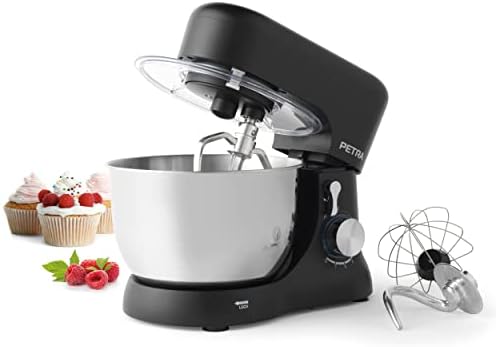 Petra PT5234BVDE Robot pâtissier, 8 vitesses, fonction Pulse, bol 4 L en acier inoxydable, protection anti-éclaboussures, verrouillage, batteur, fouet et crochet à pétrir, 1 300 W, pain/gâteau Avis, Fiche Technique et Prix au Maroc