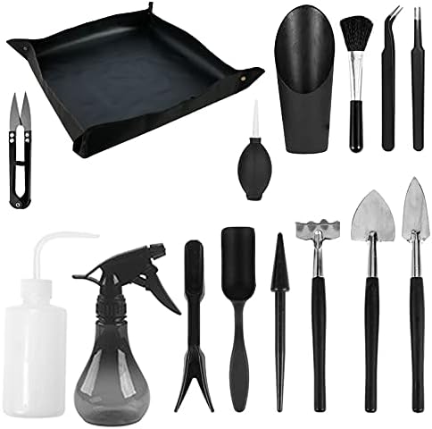 Kit d'outils pour plantes grasses, 14 mini outils de jardin à main + 1 tapis de rempotage, râteau pour plantes d'intérieur, outils à main de jardinage, noir Avis, Fiche Technique et Prix au Maroc