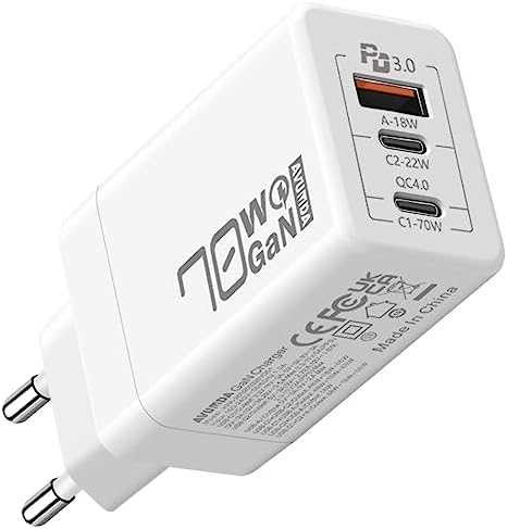 AVUMDA 70W USB C Chargeur Rapide, PD 3.0 GaN Chargeur 3 Ports Adaptateur Type C pour MacBook Pro Air M1 M2 Dell XPS 15 iPhone 14 iPad Pro Air Google Pixel Samsung Galaxy S23 Ultra Plus S22 Steam Deck Fiche Technique et Prix au Maroc