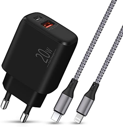 LUOSIKE Chargeur iPhone, Câble Lightning de 2m avec Prise USB C 20W, Adaptateur Secteur Rapide PD et QC3.0 avec Câble Tressé en Nylon, Compatible avec iPhone 14/13/12/11/Pro/Max/SE/XR/XS/X/8, iPad Fiche Technique et Prix au Maroc