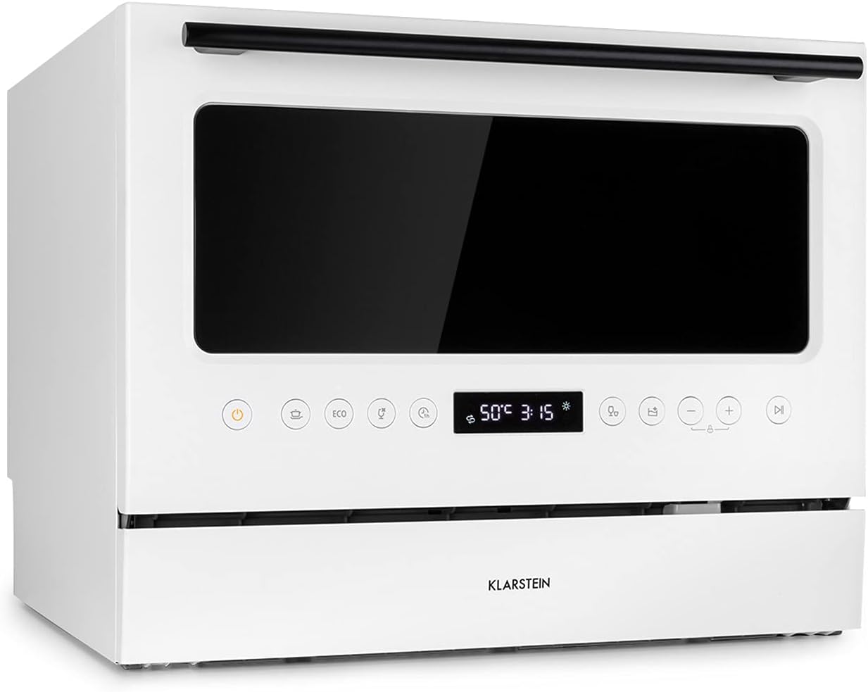 Klarstein Azuria Lave-vaisselle de table : CEE A+, 6 couverts, consommation d'eau : 6,5 litres, 6 programmes de lavage, autonettoyant, 49 dB, porte design avec façade en verre noir, blanc Avis, Fiche Technique et Prix au Maroc