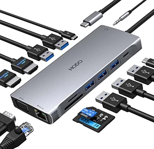 Station d'accueil USB C Double Moniteur, 14 en 1 USB-C Station d'accueil pour Ordinateur Portable Hub USB Type C Adaptateur multiport Dongle avec 2 HDMI VGA PD 5 USB SD/TF Audio pour Dell/Surface/HP Fiche Technique et Prix au Maroc