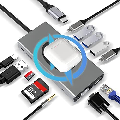 HUB USB C 13 en 1 avec Chargement sans Fil, HDMI 4K, VGA, RJ45 Ethernet, 2×USB3.0, USB C 3.0&2.0, PD 100W, SD/TF & 3.5mm AUX, Compatible avec MacBook Pro & Autres Ordinateurs Portables Fiche Technique et Prix au Maroc