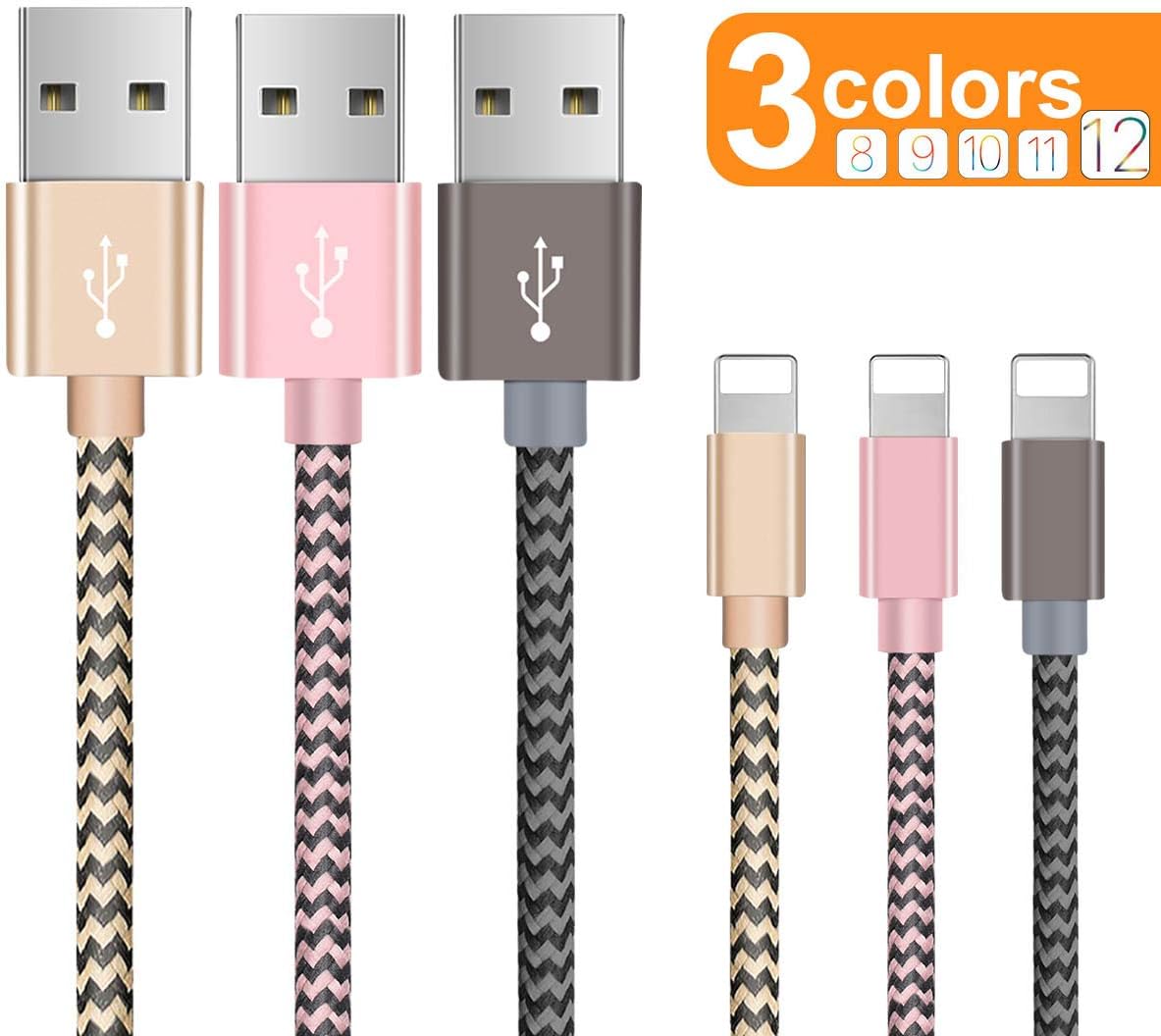 Zeuste Chargeur iphone Câble iphone [3 Pack-1.5m] Nylon Tressé Câble USB Charge Rapide Cordon iphone Compatible avec iPhone 11,XS Max/XS,XR,X,8/8Plus,7/7Plus,6s/6sPlus, 6/6Plus, ipad (Or,Rose,Gris) Fiche Technique et Prix au Maroc
