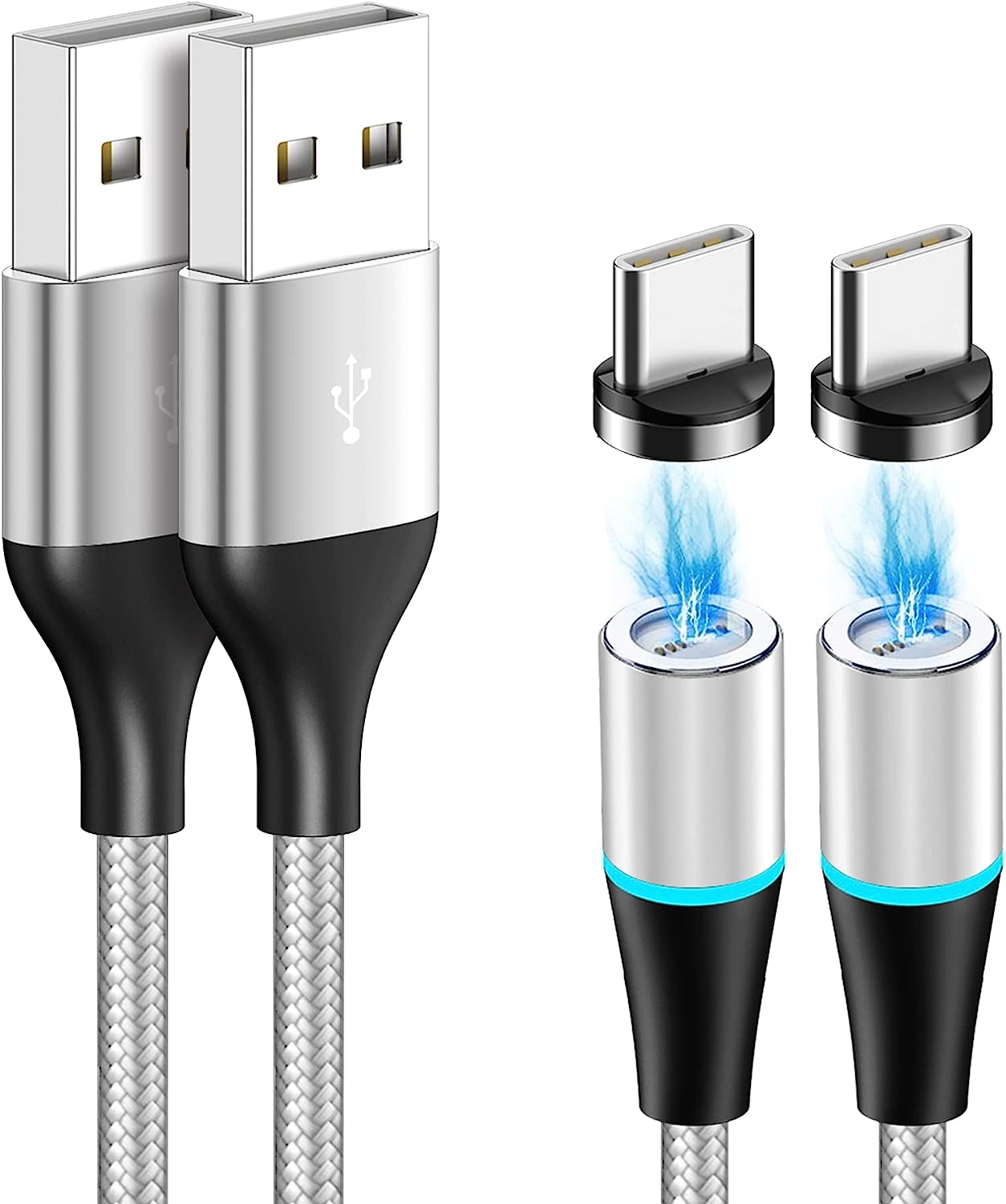 Câble USB Type C Magnétique, [Lot de 2, 2M] Chargeur USB C Aimanté Charge Rapide et Synchro Nylon Chargeur Magnétique Type C pour Samsung Galaxy S10 S9 S8,Huawei,Honor, OnePlus (Argent) Fiche Technique et Prix au Maroc