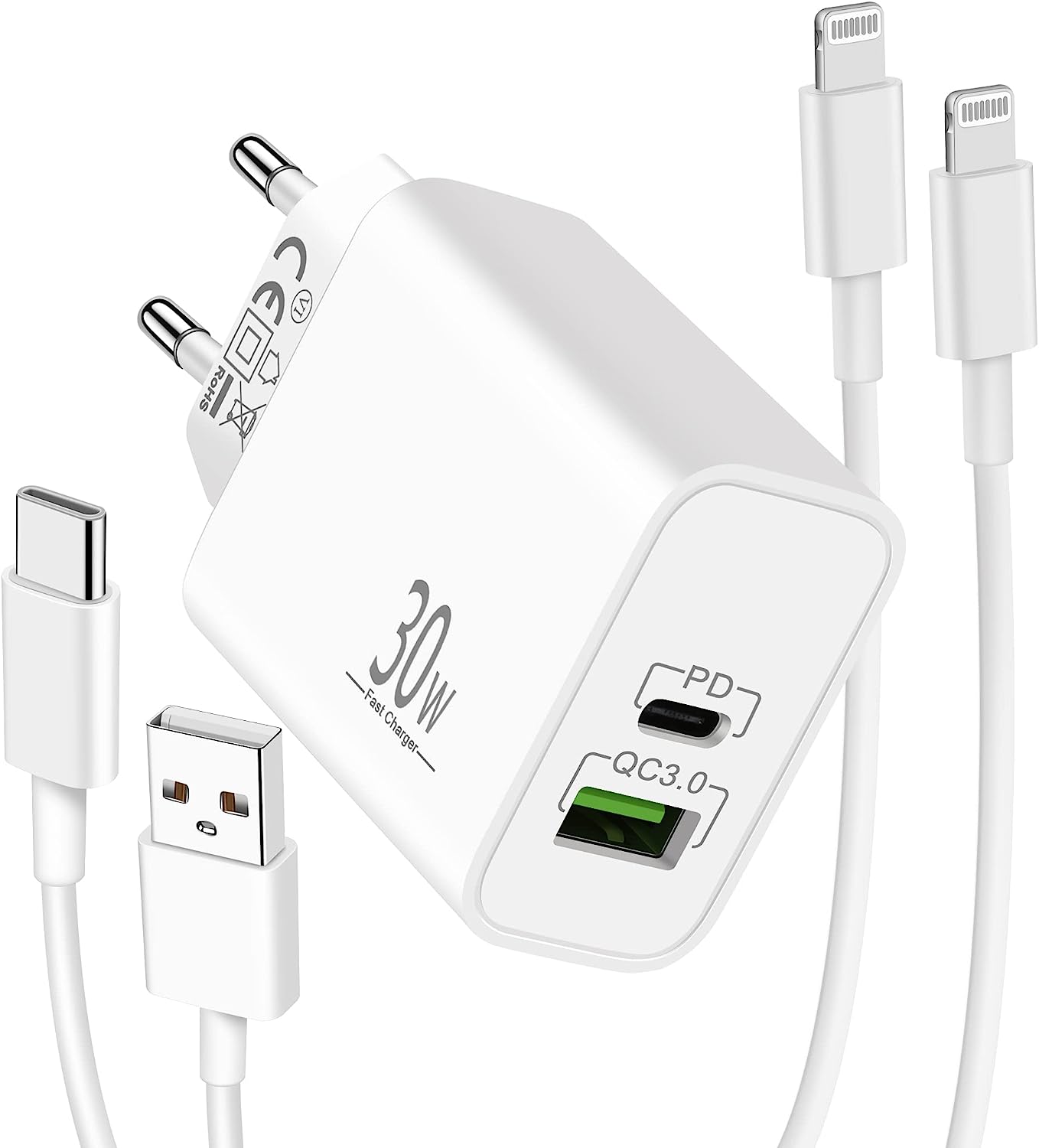 LUOSIKE Chargeur iPhone 30W et 2X Câble 2m, Prise Adaptateur Secteur 2 Ports avec Câbles USB-C/A vers Lightning, Embout Chargeur Rapide Compatible avec iPhone 14/13/12/11/Pro Max/Mini/SE/XS/XR/X/8 Fiche Technique et Prix au Maroc