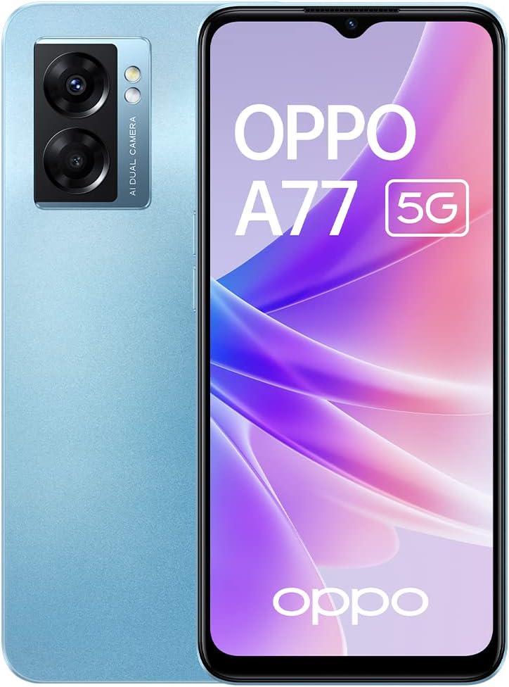 OPPO A77 - Smartphone 5G Débloqué, 4 Go de RAM + 64 Go de Stockage Extensible, Ecran AMOLED 90Hz 6,43”, Caméra 48 MP, Batterie 5000 mAh + Charge Rapide 33W, Haut-Parleurs Stéréo, Bleu [version FR] Fiche Technique et Prix au Maroc