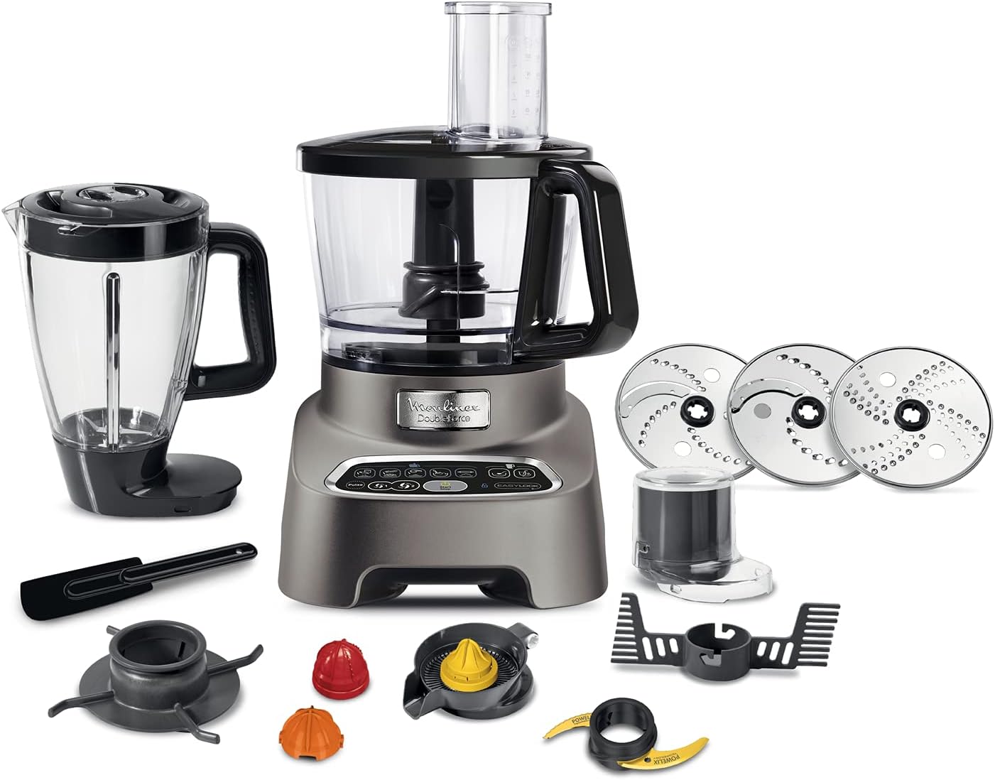 Moulinex Robot cuisine multifonctions, Blender pour smoothies et shakes, 6 options de vitesse, 2 sorties moteur, 10 accessoires, Sécurité renforcée, DoubleForce Silver FP827E10 Avis, Fiche Technique et Prix au Maroc