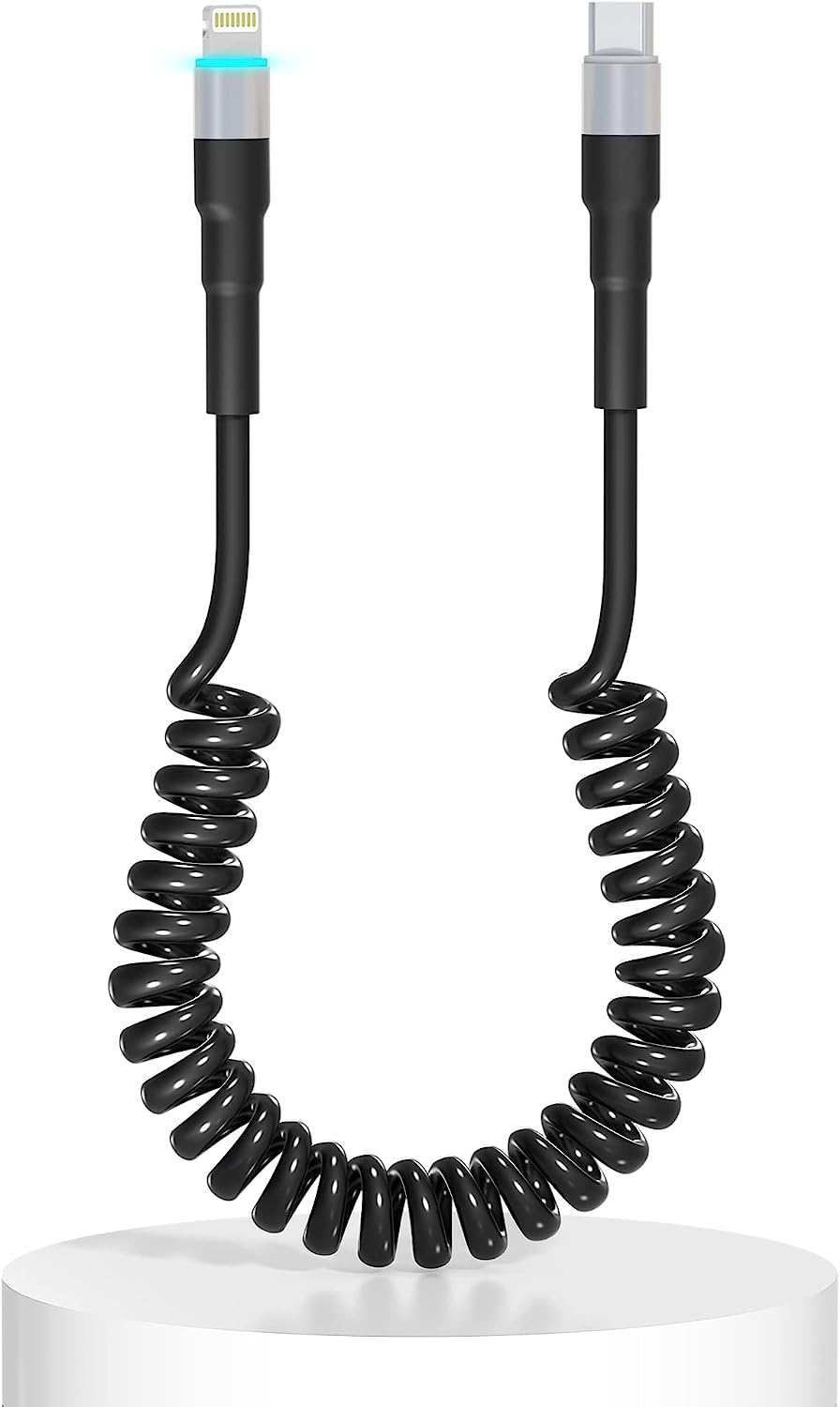 Cable USB C vers Lightning Spirale, Compatible Apple Carplay et certifié MFi, Câble Lightning USB C de voiture avec transmission de données et LED, Chargeur USB rétractable iPhone pour iPhone/Pad/Pod Fiche Technique et Prix au Maroc