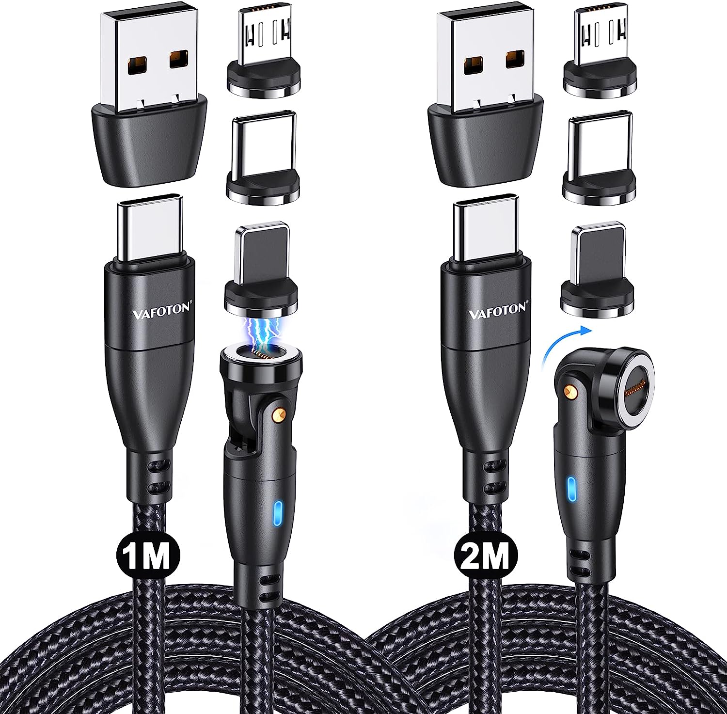 VAFOTON 9Pin 60W Chargeur Magnétique Type C, 540 ° Transfert de Données Charge Rapide 3A Câble Aimanté[2Pcs, 2M+1M], 6 en 1 USB C/A à Typ C Cable, Compatible avec le type C/micro USB/i-Products Fiche Technique et Prix au Maroc