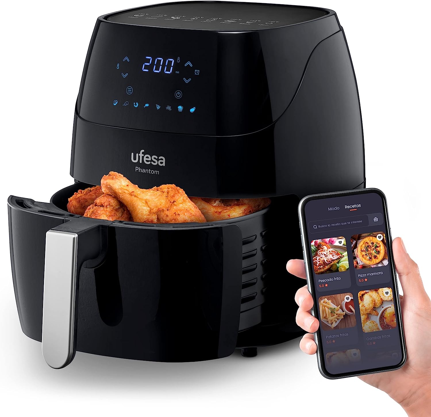 Ufesa AF5000 Phantom Friteuse à Air Sans Huile Air Fryer avec WIFI, 5L, Écran Tactile, 8 Programmes, 1500W, APP avec Recettes, Minuterie et Température Réglable, Cuve et Plateau Antiadhésif Avis, Fiche Technique et Prix au Maroc