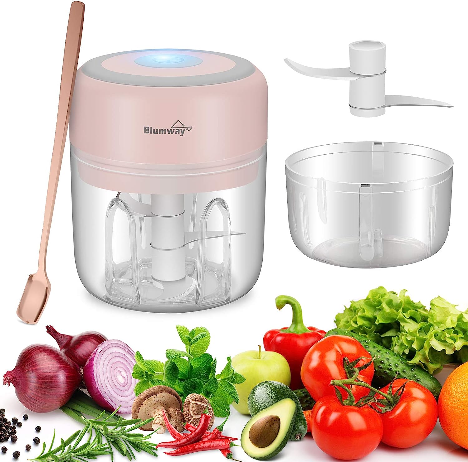 BlumWay Mini Robot culinaire, Hachoir à ail électrique chargeur USB, hachoir à nourriture électrique avec 3 lames tranchantes, pour lail, gingembre, Ioignon, piment - 250ML&100ML （Rose） Avis, Fiche Technique et Prix au Maroc